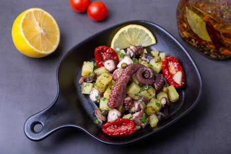 Warm salad with octopus, potatoes, sun-dried tomatoes, capers and lemon in a black small pan. Close-up, black background.の写真素材
