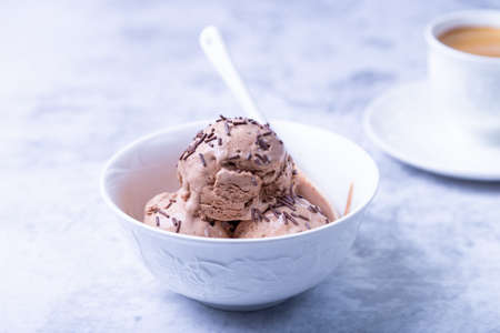 Chocolate ice cream with chocolate sprinkle in a white bowl on a light background. Three balls of...