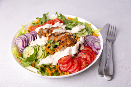 Warm salad with chicken, arugula, fresh vegetables and sour cream (yogurt) sauce. Home cooking, healthy food. White background, selective focus, close-up.の写真素材
