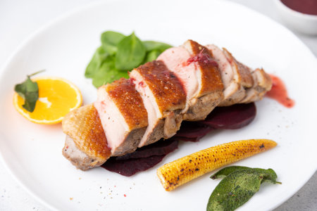 Files of the breast duck grill with beets, mini corn and spinach, fried sage, orange and lingonberry sauce. Traditional Mediterranean cuisine. Selective focus, close-up.の写真素材