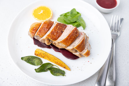 Files of the breast duck grill with beets, mini corn and spinach, fried sage, orange and lingonberry sauce. Traditional Mediterranean cuisine. Selective focus, close-up.の写真素材
