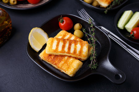 Grilled halloumi cheese in a black pan with olives, tomatoes, cucumbers, thyme and lemon. Traditional cheese of the Eastern Mediterranean. Black background, selective focus, close-up.の写真素材