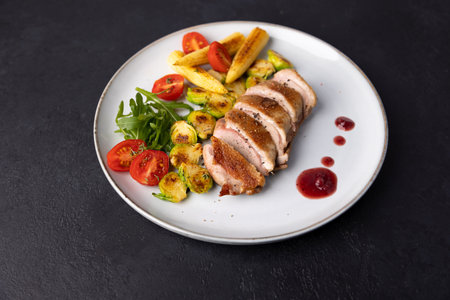 Grilled duck breast fillet with Brussels sprouts, mini corn, cherry tomatoes, arugula and lingonberry sauce. Traditional Mediterranean cuisine. Selective focus, close-up.の写真素材