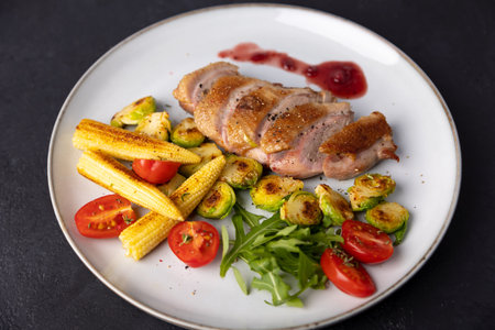 Grilled duck breast fillet with Brussels sprouts, mini corn, cherry tomatoes, arugula and lingonberry sauce. Traditional Mediterranean cuisine. Selective focus, close-up.の写真素材