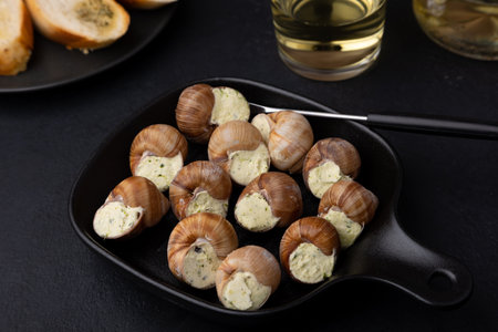Escargot bourguignon with butter and garlic. Traditional French dish made from snails, served with baguette and white wine. Selective focus, close-up, black background.の写真素材