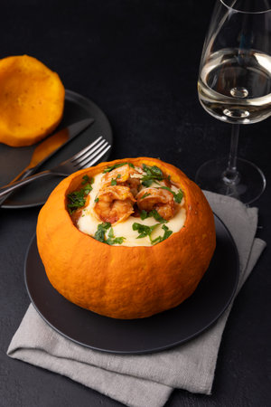 Whole baked pumpkin with tiger prawns, melted cheese, tomatoes and a glass of white wine. Traditional dish of Brazil, home cooking. Selective focus, close-up, black background.の写真素材