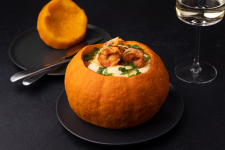 Whole baked pumpkin with tiger prawns, melted cheese, tomatoes and a glass of white wine. Traditional dish of Brazil, home cooking. Selective focus, close-up, black background.の写真素材