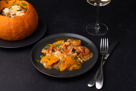 Whole baked pumpkin with tiger prawns, melted cheese, tomatoes. Traditional home cooking. Selective focus, close-up, black background.の写真素材