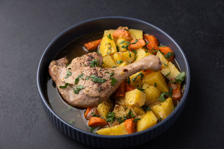Duck leg with broth, stewed with potatoes and carrots, sprinkled with parsley and sumac. Simple home hearty cooking. Deep gray plate on a black background. Selective focus, close-up.の写真素材