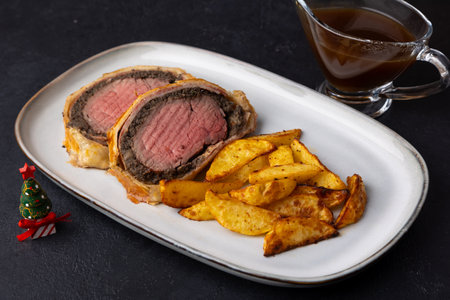Beef Wellington with baked potato slice and demi-glace sauce. Traditional festive dish of beef tenderloin with mushrooms and Parma ham baked in puff pastry. Selective focus, close-up.の写真素材