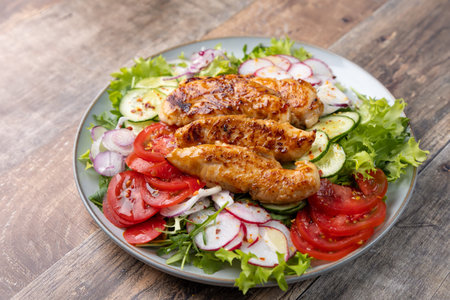 Warm salad with baked chicken breast and fresh vegetables, dressed with olive oil on a wooden background. Home kitchen in rustic style. Hearty delicious food. Selective focus, close-up.の写真素材