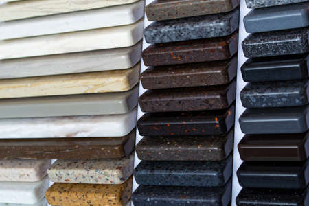 Artificial stone, decorative stone in samples. Concept, layout, finishing material