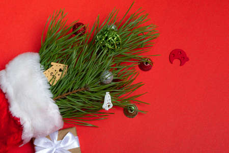 Top view Christmas composition. Christmas background, layout. With copy space with Christmas items. Flat lay.の写真素材