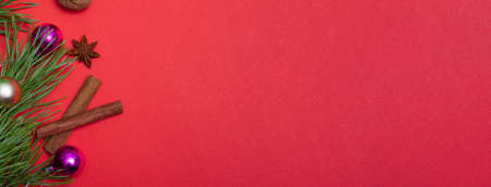 Festive card with copy space with Christmas elements on a colored background. Christmas wrapping, background. walnut, dried orange, cinnamon, star aniseの写真素材