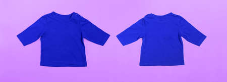 Mockup baby bodysuit with long sleeves in blue on a pink background. Banner