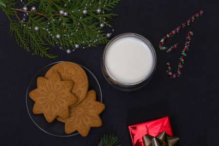 Gingerbread and milk for Santa. Christmas composition with gingerbread cookies and milk on a black background with a fir branch and a gift, top viewの写真素材