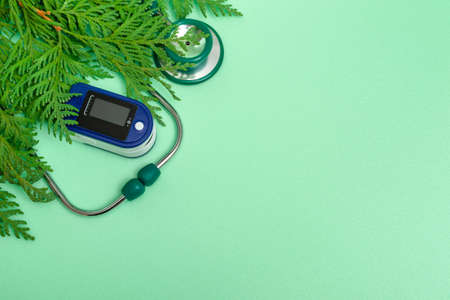 Medical concept: celebrating Christmas in healthcare. Top view of a flat lay close-up of a stethoscope, pulse oximeter with fir branches on a green background. With copy spaceの写真素材