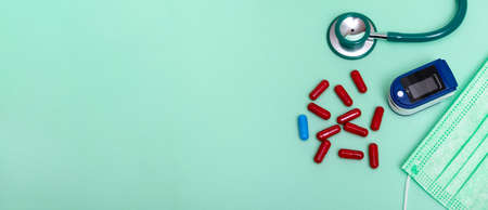 Medical concept: celebrating Christmas in healthcare. Top view of a flat lay close-up of a...