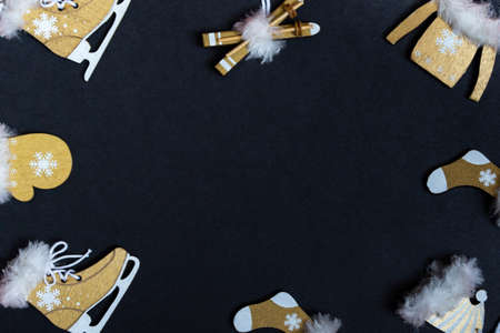 Top view flat New Year mockup on black background with numbers and New Year decor. New Year 2022,...