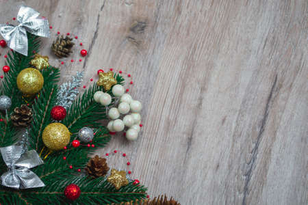 Christmas banner mockup, greeting card template with decorations, flat top view on wooden background...
