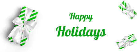 Striped gift box with a green bow on a white background. Close up of a banner with textの写真素材