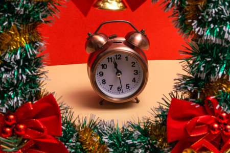 Close up. Christmas wreath with decorations and alarm clock on a colored background. Copy space.