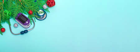Medical concept: celebrating Christmas in healthcare. Top view of a flat lay close-up of a...
