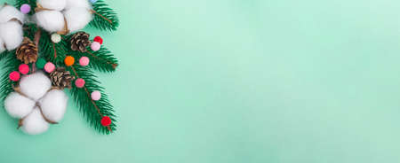 New Year's layout. Natural Christmas decorations on a mint background. copy space, close up. Bannerの写真素材