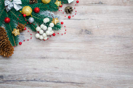 Christmas banner mockup, greeting card template with decorations, flat top view on wooden background with copy space. Closeの写真素材