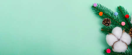 New Year's layout. Natural Christmas decorations on a mint background. With copy space, close up. Bannerの写真素材