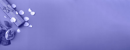 Long blue gift box with a tea rose on a very peri background. Holiday gifts close up with copy space. Bannerの写真素材