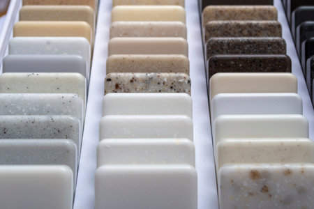 Samples of natural granite, marble, quartz stone, countertops and a sample of natural parquet. Model made of stones, close up. Modern colored slabs made of natural stone.の写真素材