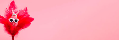 Colorful egg with rabbit ears in sunglasses, in red feathers on a pink background. Happy Easter promotion banner, mockup template. close up. Bannerの写真素材