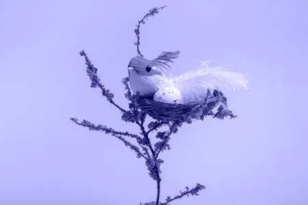 On a decorative tree, a nest with eggs and a small yellow bird on a very peri  background close up with copy spaceの写真素材