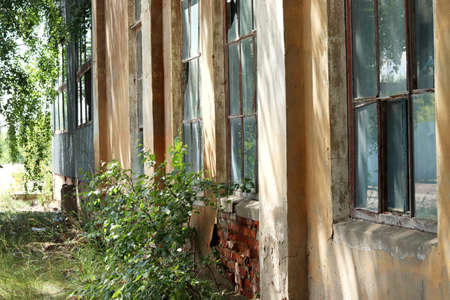 collapsing building. Abandoned factory shop. Broken glass, crumbling bricks. good quality