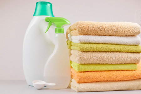 A stack of towels and laundry and bleach products on a light gray background. Cotton towels on the tableの写真素材