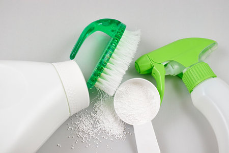 Means for washing and cleaning on a gray background. top view. good qualityの写真素材