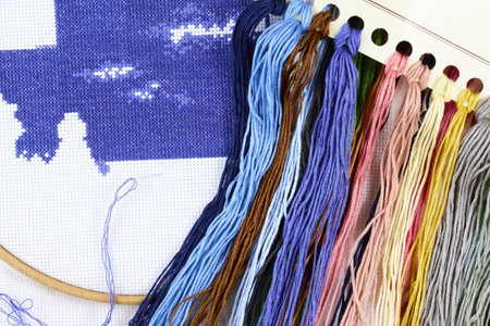 cross stitch process. Threads, needle, hoop. Needlework and hobbies. high quality photoの写真素材