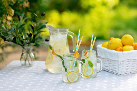 Lemonade refreshing drink in a jug and jars with lemons, fresh mint and ice with a basket with lemons and kumquat on a garden table. Summer outdoor picnic. Soft selective focus.の写真素材