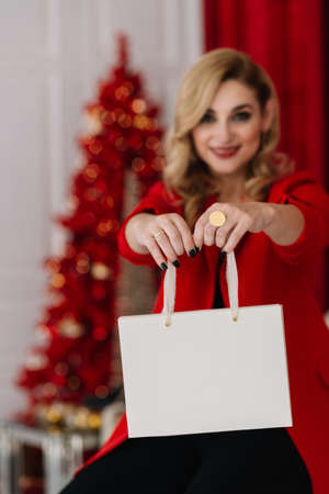 woman with a gift bag with a place for an inscription in her hands against the background of a Christmas tree bokeh lights. Happy New Year 2021. Soft selective focus, defocus. copy space.の写真素材