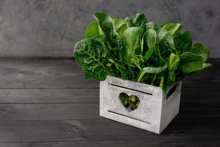 Clean food concept. Leaves of fresh organic spinach greens in a wooden box on a black background. Healthy detox spring-summer diet. Vegan Raw Food. Copy space.の写真素材