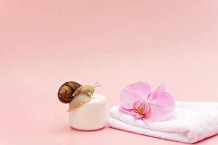 Skin rejuvenation cosmetics on pink background with snail and orchid flower and white towel, snail mucin cream, skin hydration, beauty, health, spa concept. Soft selective focus, copy space.の写真素材