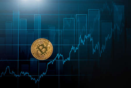 Bitcoin coins on a growth graph chart. The concept of virtual cryptocurrency. Bitcoin mining, online business, shopping. Copy spaceの写真素材