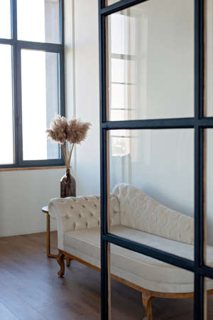 Vintage beige sofa in velor upholstery in a modern interior, with a vase of dried flowers. Interior...