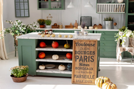 Kitchen with green vintage furniture, pendant lights, marble counter top with flowers and pumpkins, pots of autumn flowers, cupboard with various mugs, crockery and cutlery. Soft selective focus.の写真素材