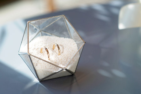 A pair of beautiful wedding rings in a modern glass stand. Marriage, ceremony. Soft selective focus.の写真素材