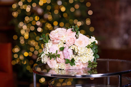 Wedding flowers, bridal bouquet close-up. Ornament of roses and ornamental plants, close-up, selective focus, nobody, objectsの写真素材