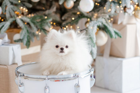 Happy New Year, Merry Christmas, pomeranian puppy. holidays and celebrations, pet in the room, Christmas tree. Dog as a gift. Soft selective focusの写真素材