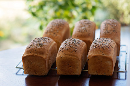 Homemade freshly baked white grain bread on a baking rack against a background of summer green...