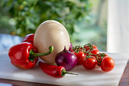 Ostrich egg, farm organic vegetables, tomatoes, paprika, onion, chili. Ingredients for making an omelet, shakshuka. Soft selective focus.の写真素材